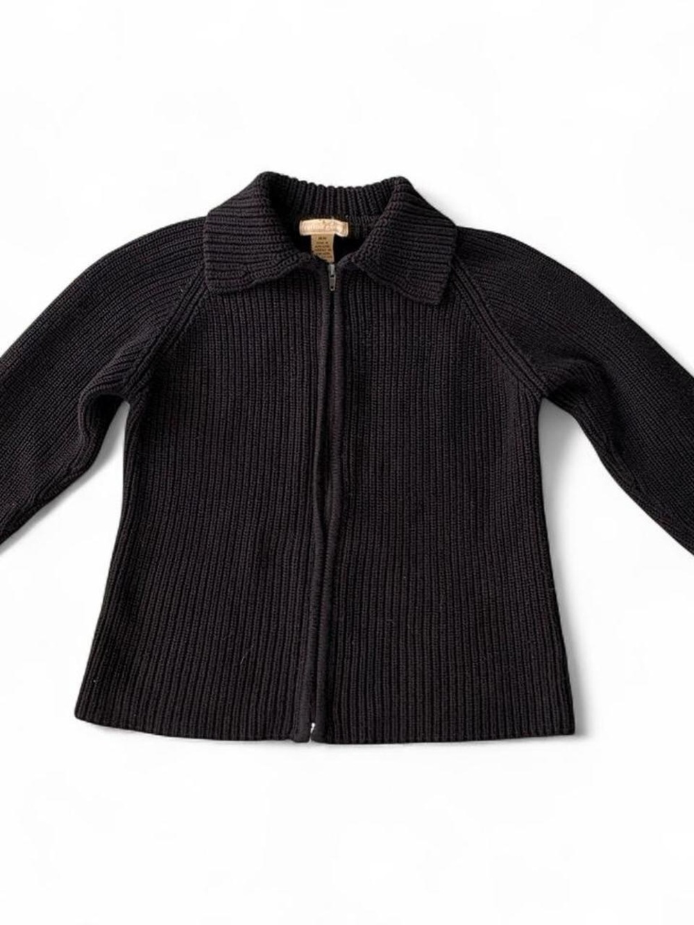 Women's Black Ribbed Zip-Up Sweater with Collar